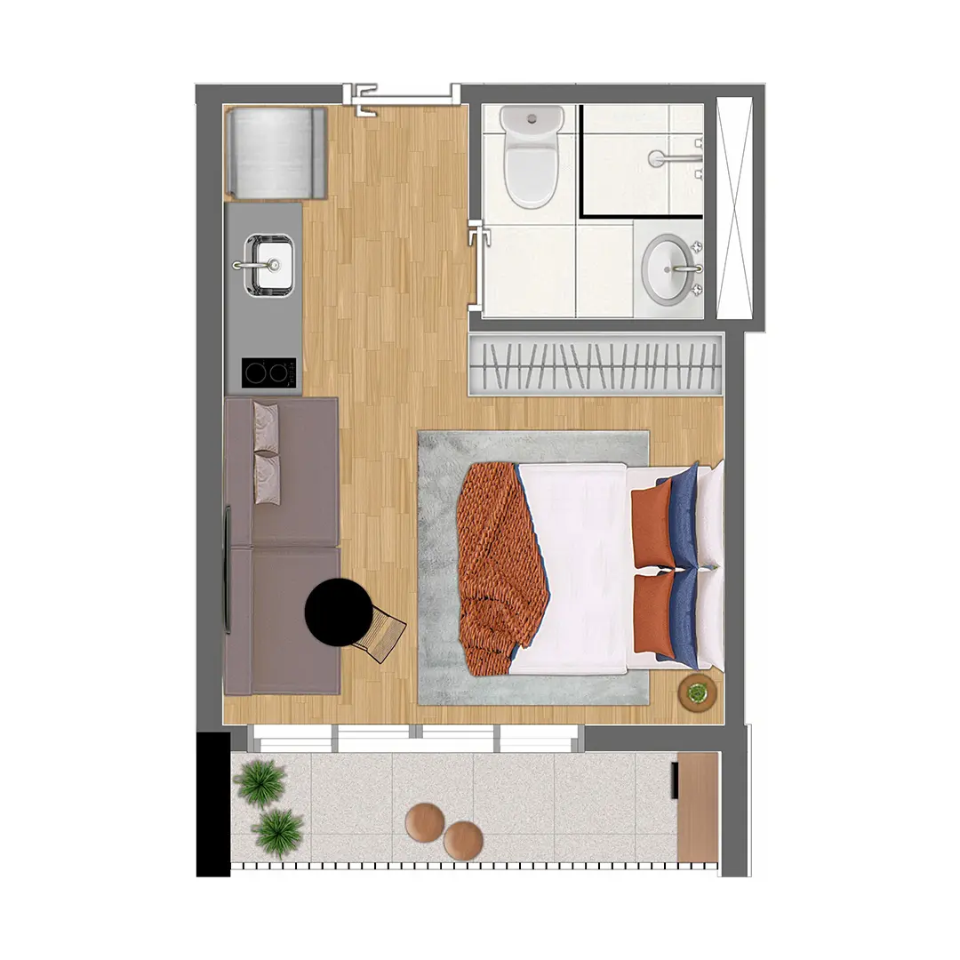 Planta baixa do studio de 22 m² do DNA Paulistano: cozinha alinhada à parede de entrada, banheiro ao lado da porta, cama e sofá no mesmo ambiente e varanda ao fundo
