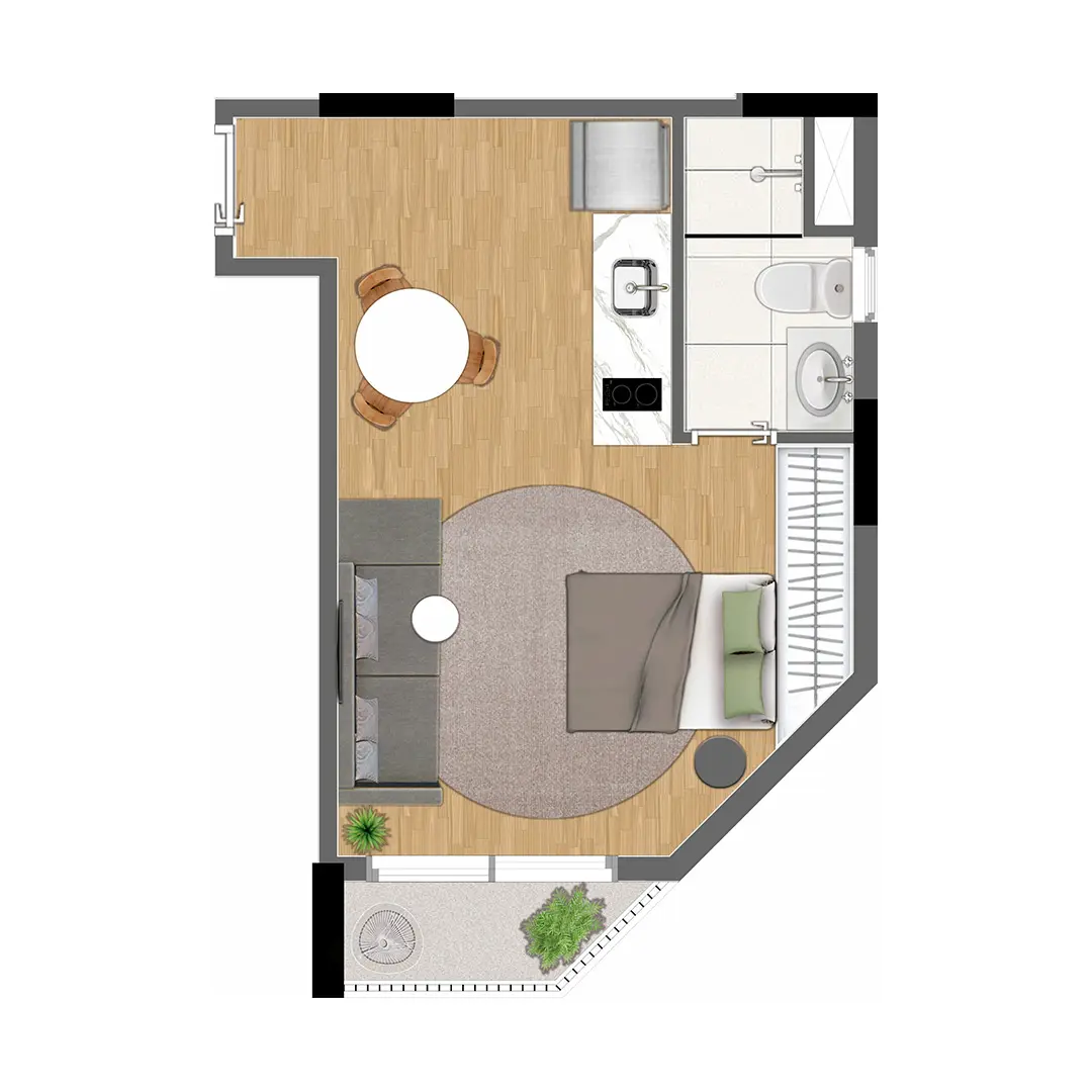 Planta baixa do studio de 28 m² do DNA Paulistano: planta em L, cozinha em nicho próprio, mesa de refeições separada da área de estar e varanda