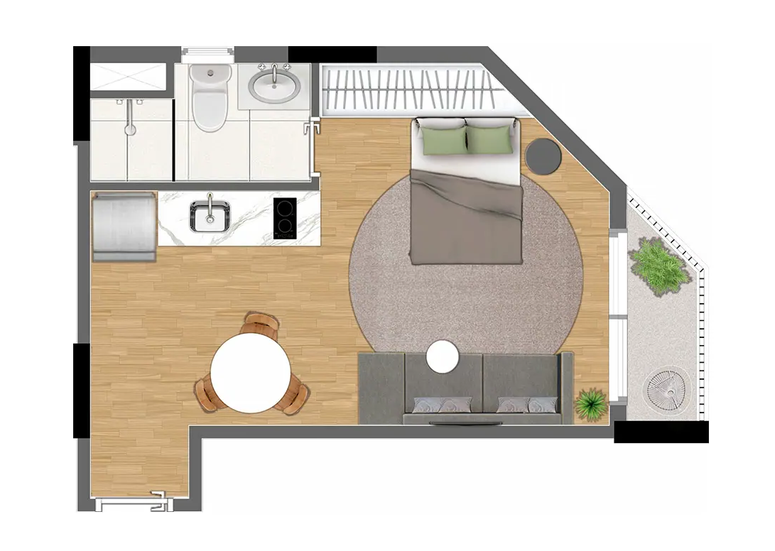 Planta de 28m² - Apartamento tipo studio - DNA Paulistano