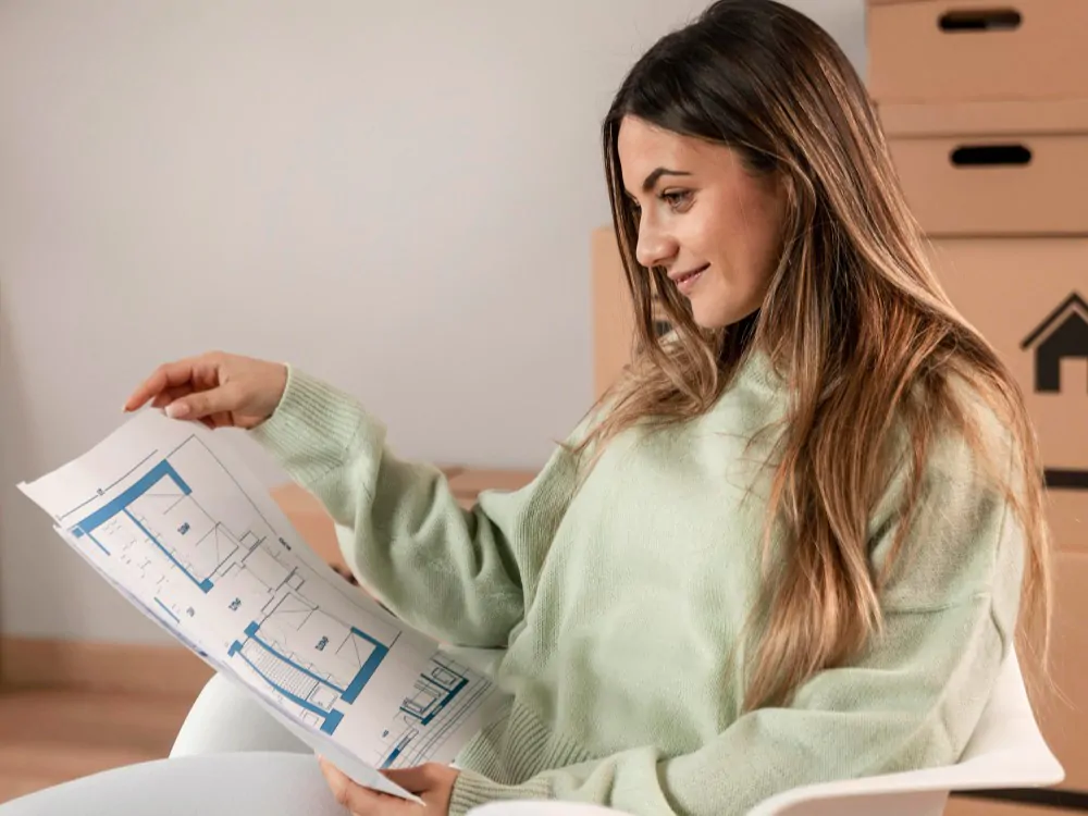 Jovem mulher considerando comprar um apartamento na planta