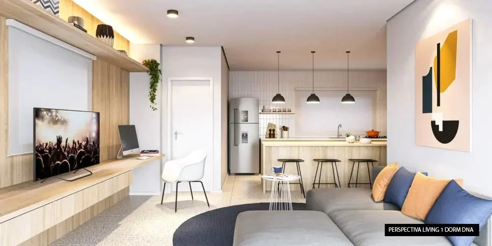foto de um apartamento tipo Studio que aparece o ambiente sem divisórias, parecendo mais amplo e seguindo a modernidade.