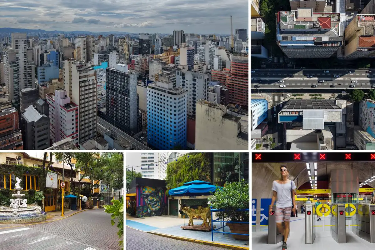 Cinco imagens do bairro República e entorno, no Centro de São Paulo: skyline, o Elevado visto de cima, a Rua Avanhandava e a estação de metrô Higienópolis-Mackenzie