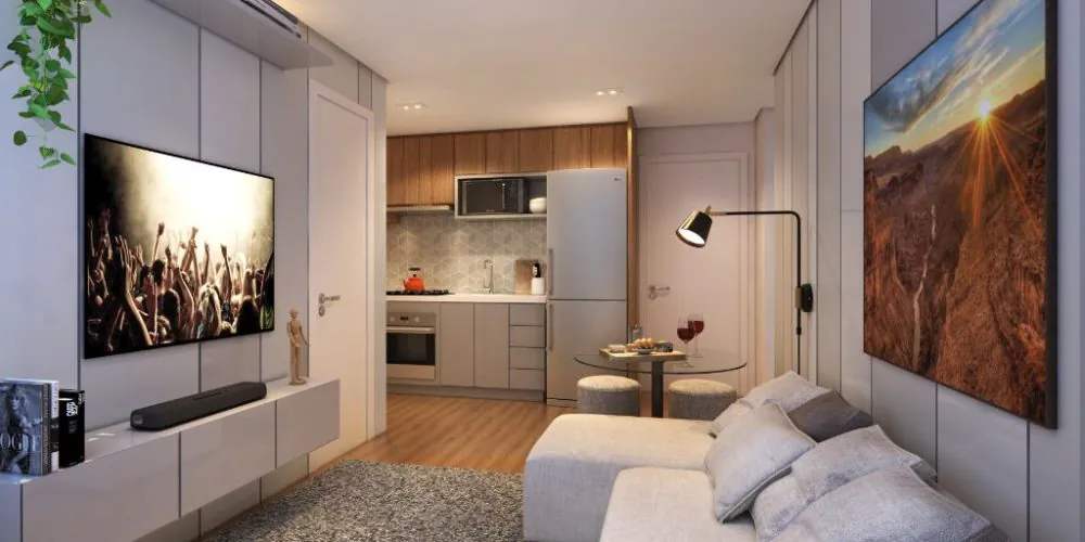 Living espaçoso de 32m² no empreendimento Full Guaianases, com decoração moderna e ambiente acolhedor.