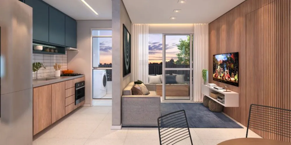 Área de estar de 32m² no Full Guaianases, destacando a modernidade e o conforto do espaço.